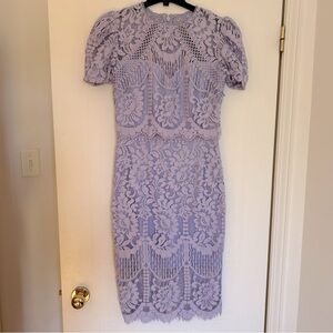 Lavender Laced Knee Length Puffed Sleeves Cocktail Dress